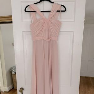 Blush Amsale floor length bridesmaid dress